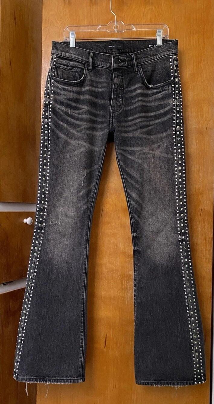 Purple Brand P004 Flare Rhinestone Crystal Black Bootcut Jeans Distressed Sz 32